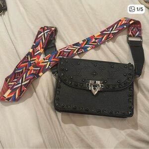 Black Studded Crossbody Bag with Colorful Strap